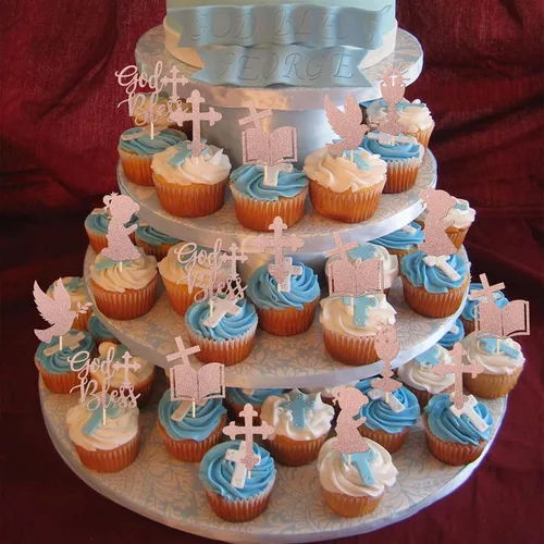 Miniatura 6 de 24 piezas de decoración para cupcakes con purpurina y paloma para magdalenas, para primera comunión, tema de bautismo cristiano, baby shower, fiesta