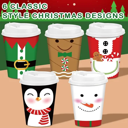 Miniatura 3 de Gerrii Juego de 100 vasos de papel de Navidad desechables de 12 onzas con tapas, tazas de chocolate caliente, tazas de café, tazas calientes