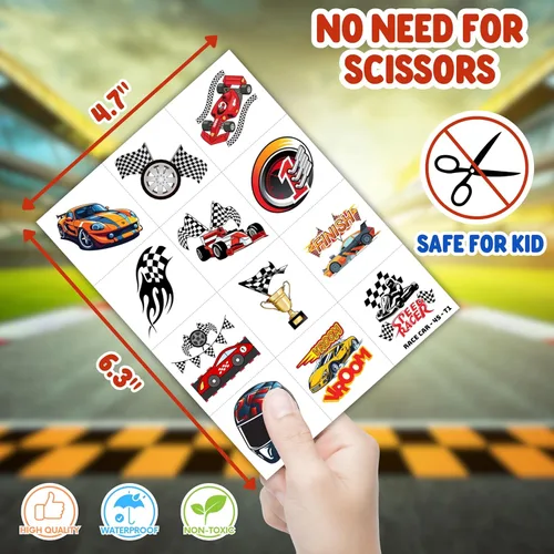 Miniatura 6 de 72 piezas de recuerdos de fiesta de autos de carreras para niños, suministros de fiesta temática de automóviles con 48 tatuajes temporales