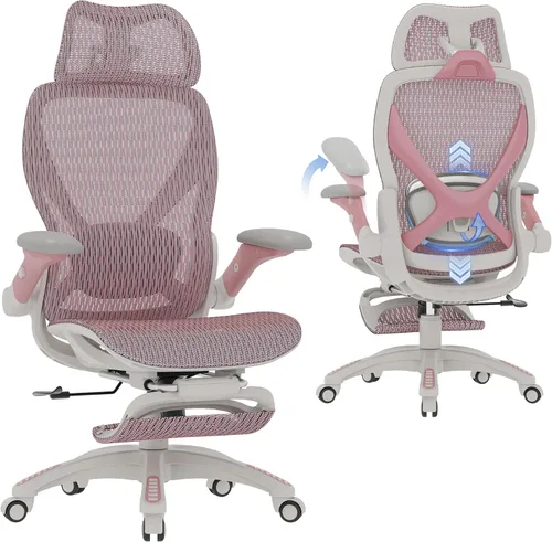Miniatura 17 de ELABEST X100 Silla de oficina ergonómica de malla con reposapiés, silla de escritorio grande y alta con brazos abatibles 5D, soporte lumbar 3D
