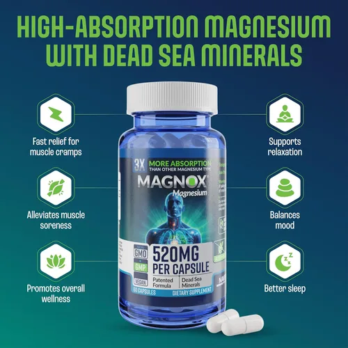 Miniatura 7 de MAGNOX® 520 Suplemento de magnesio de 520 mg de magnesio de alta absorción para hombres y mujeres con minerales del mar muerto 3 veces más