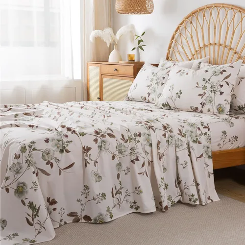 Miniatura 34 de FADFAY Juego de sábanas de cama con estampado floral amarillo, de algodón, tamaño King, suaves, transpirables, estilo Shabby Coquette, con bolsillo