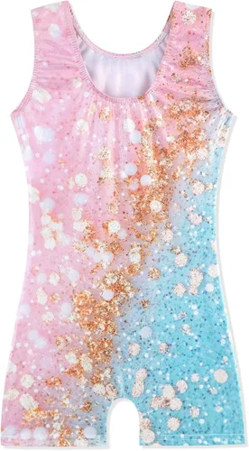 Miniatura 68 de HOZIY - Leotardos de gimnasia con pantalones cortos brillantes para niñas pequeñas; estampados de unicornio, aurora, arco iris, sirena, dinosaurio
