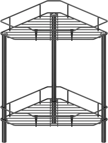 HuggieGems Estante Organizador de Esquina para Ducha de 2 Niveles con Ganchos, Soporte de Estantes de Baño, Negro