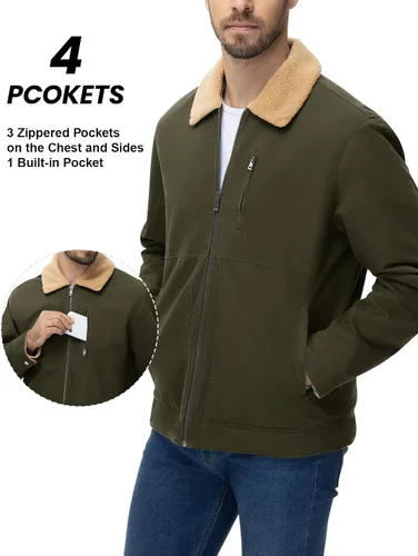 Miniatura 4 de TBMPOY Chaqueta de invierno para hombre, forro polar de sherpa grueso, de algodón, con cremallera completa, bolsillos con cremallera