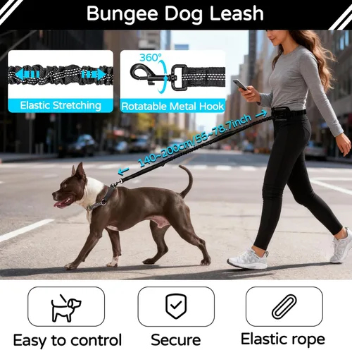 Miniatura 2 de Skmeditec Correa de perro manos libres con bolsa de cintura para pasear perros grandes, correa elástica que absorbe los golpes con bolsa