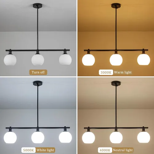 Miniatura 5 de Iluminación de isla de cocina, 3 luces, lámparas colgantes lineales con pantallas de vidrio de leche, candelabros negros de granja para comedor