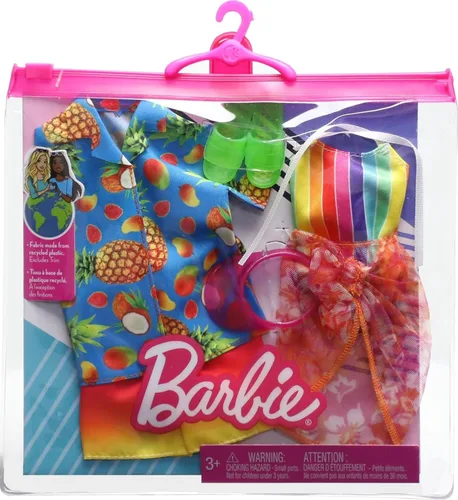 Miniatura 2 de Barbie & Ken Fashions Paquete de 2 - Conjunto de ropa y accesorios, 1 traje de baño, pareo y visera para muñeca Barbie y 1 camisa tropical, traje