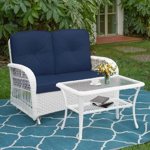 Miniatura 44 de MEETWARM Juego de 3 piezas de mimbre giratorio para patio al aire libre, mecedoras, juegos de muebles de patio de ratán con cojín grueso y mesa