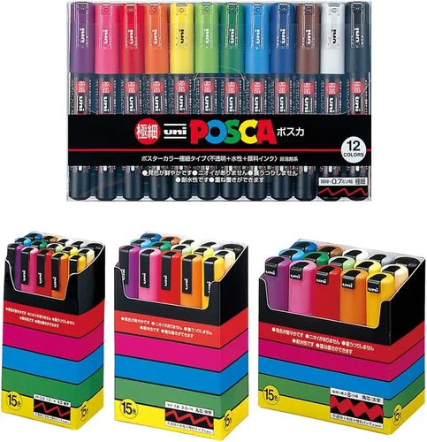 Uni - Posca - Juego de rotuladores de pintura, Mitsubishi Pencil Uni Posca, punta extrafina de 12 colores, 15, mediano 15, atrevido 15, importación