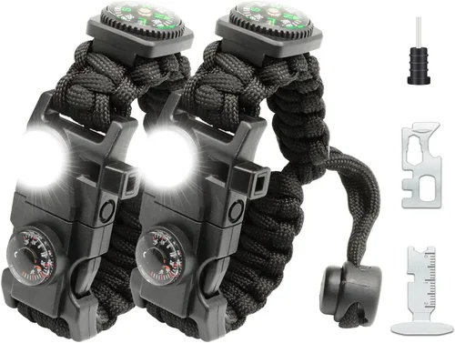 Miniatura 19 de Brazalete de paracord de supervivencia 20 en 1, kit de equipo ajustable con luz LED SOS, arrancador de fuego, brújula más grande, silbato de Negro