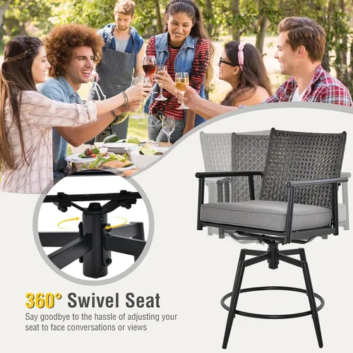 Miniatura 6 de Tangkula Juego de 2 taburetes de bar giratorios para patio, sillas de bar de altura de mostrador para exteriores con respaldo de ratán de Negro
