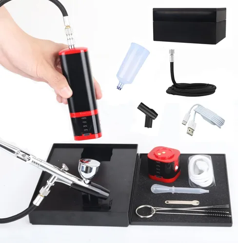 Miniatura 13 de Kit de aerógrafo de alta presión, compresor de aerógrafo inalámbrico recargable, pistola de aerógrafo de mano de doble acción, juego de mini Negro