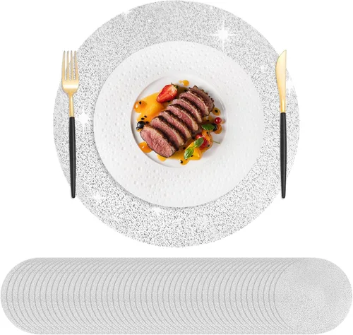 Miniatura 8 de Hysenm Juego de 100 manteles individuales desechables dorados metálicos redondos de 13 pulgadas de malla prensada, tapetes desechables ultrafinos