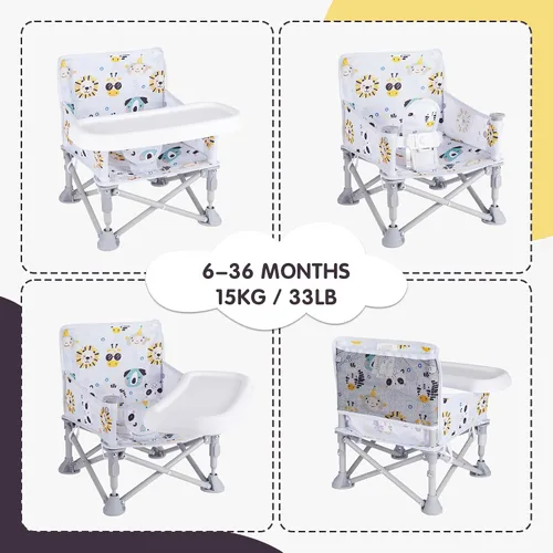 Miniatura 3 de Silla de bebé portátil, asiento elevador plegable con bandeja para mesa de comedor, silla de camping compacta para césped, playa, viajes, bebés de 6