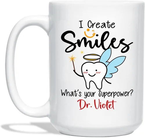 Taza de café blanca personalizada para dentistas de 11 onzas, 15 onzas, taza de cerámica con texto en inglés "I Create Smiles What's Your Taza con