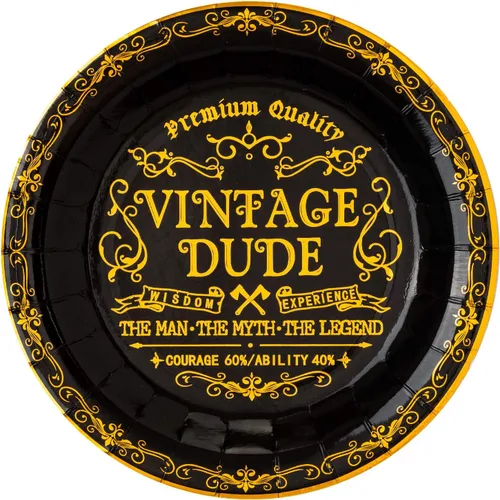 Crisky Vintage Dude - Platos desechables para hombres, decoraciones de cumpleaños, postre negro dorado, bufé, pastel, almuerzo, cena, platos
