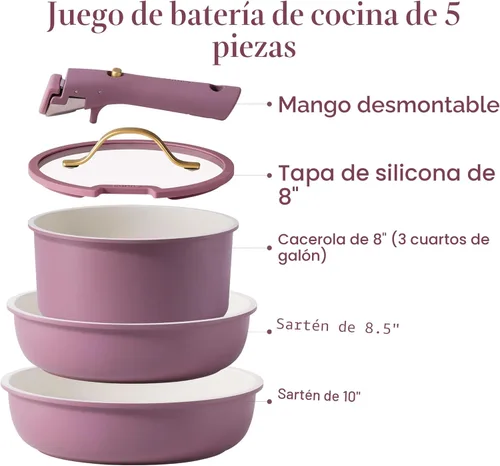 Miniatura 2 de CAROTE Juego de 5 piezas de ollas y sartenes, juego de ollas y sartenes antiadherentes con mango desmontable, artículos esenciales de cocina, olla