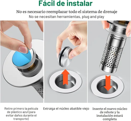 Miniatura 4 de Colador de drenaje para fregadero de baño, tapón universal emergente para fregadero atrapapelos, cesta de filtro de drenaje de acero inoxidable
