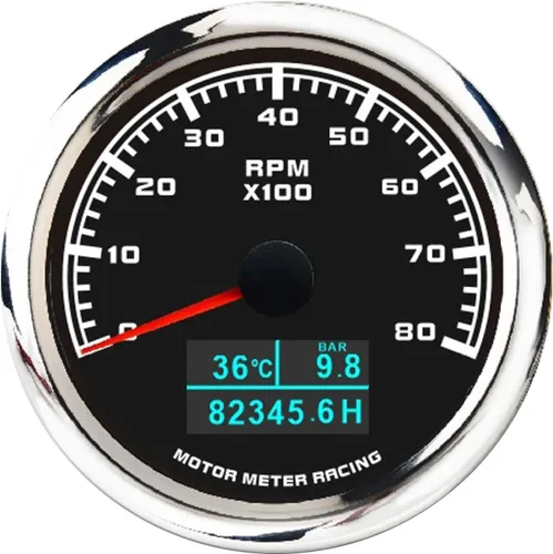 Motor Meter Racing W Pro Series 85mm 3-3/8" 4 en 1 Tacómetro 8000 RPM Temperatura de Agua °C/°F Presión de Aceite BAR/PSI Medidor de Horas Dial Negro
