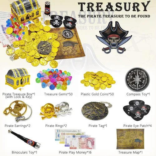 Miniatura 3 de Juego de 128 piezas de cofre del tesoro pirata con marco dorado para niños, juguetes de simulación pirata vintage, incluye monedas, joyas, dinero