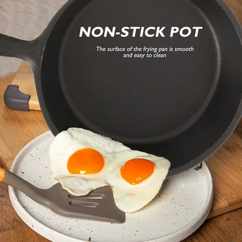 Miniatura 4 de Sartén antiadherente de hierro fundido grueso con mango y tabla de madera, sartén de cocina para el hogar para huevos, panqueques, pizza y carne