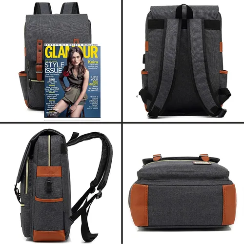 Miniatura 5 de UGRACE - Mochila vintage para portátil con puerto de carga USB, elegante mochila de viaje resistente al agua, mochilas casuales para hombres y Negro