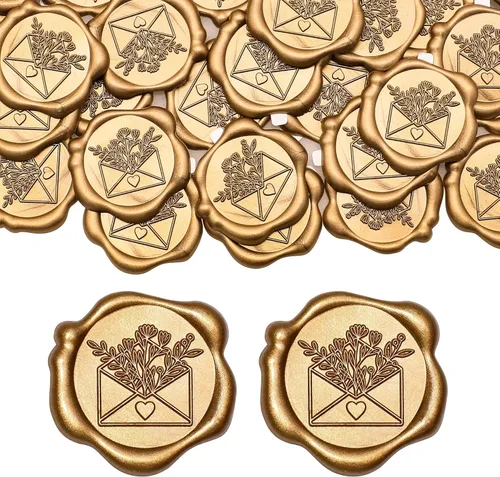 Miniatura 7 de SWANGSA 50 calcomanías de sello de cera con texto en inglés "Be Our Gues", color dorado antiguo, autoadhesivas, para invitaciones de boda, sobres