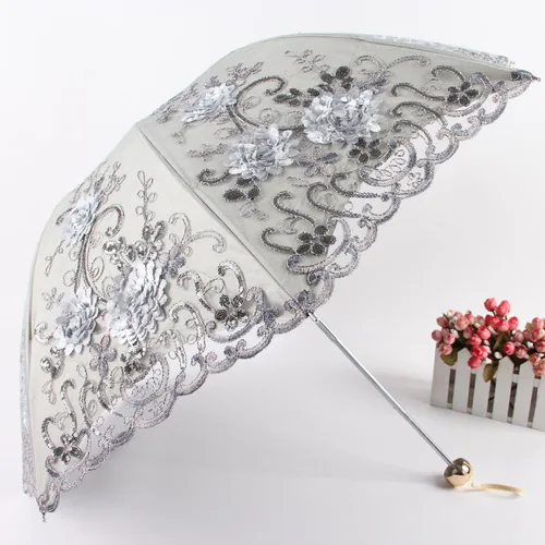 Miniatura 173 de Honeystore Sombrilla bordada con flor 3D plegable UV con encaje clásico