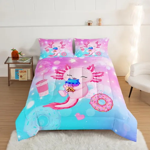 Miniatura 2 de HOSIMA Juego de edredón individual de Axolotl, ropa de cama linda con animales, decoración de habitación para niñas adolescentes, té de leche
