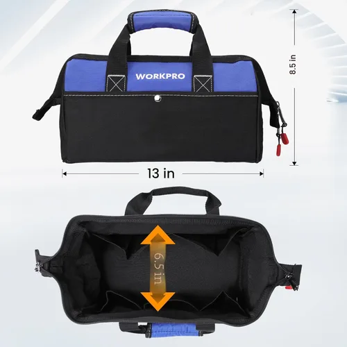 Miniatura 2 de WORKPRO Bolsa de herramientas de 13 pulgadas de boca ancha, bolsa de herramientas portátil con bolsillos interiores para almacenamiento de Azul