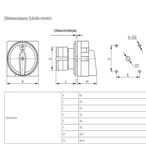 Miniatura 5 de Interruptor giratorio ATO 20A, 4 polos, interruptor de leva giratorio universal de 2 posiciones, interruptor de cambio seguro y confiable (20A)
