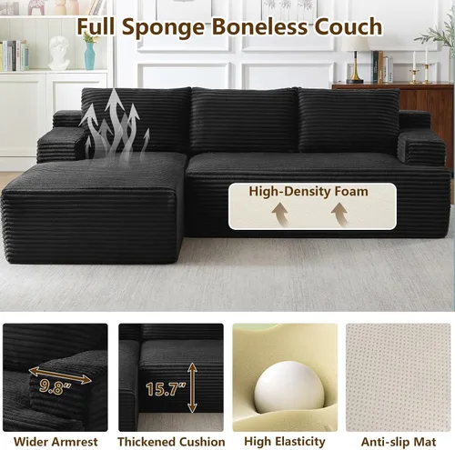 Miniatura 7 de Sofá seccional Cloud de 96 pulgadas, sofá deshuesado para sala de estar, sofá modular con asiento profundo, sofá de pana cómodo y esponjoso con Negro