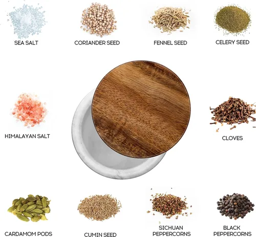 Miniatura 8 de MarcZero Caja de sal grande para condimentos de especias, contenedor de pimienta, base de mármol con cubierta de madera, bodega de sal de gran base