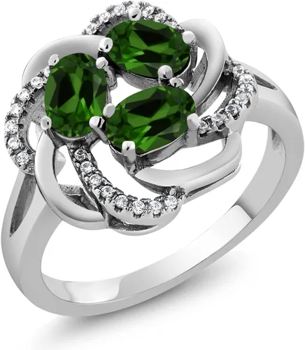 Miniatura 38 de Gem Stone King Flower Blossom Gemstone Birthstone Ring in 925 Sterling Silver 3-Stone Oval 6X4MM with Sparkling Accents Wedding Anniversary
