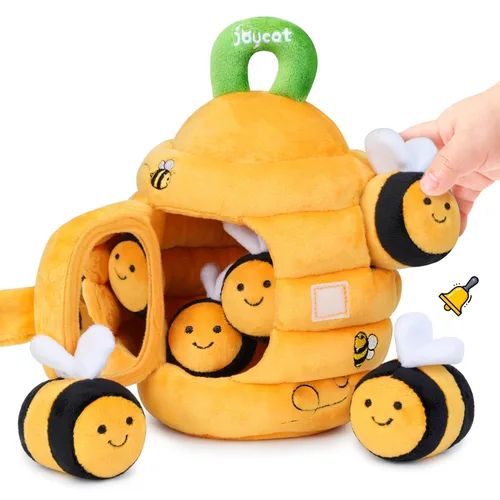 JoyCat Juguetes para Bebés de 6-12 Meses - Colmena Suave para Bebé con 5 Abejas Sensoriales - Sonajero, Papel Crujiente, Silbato, Espejo, Juguetes