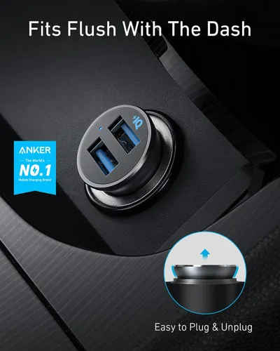 Miniatura 2 de Anker Cargador de coche 320 (24W II), mini aleación de aluminio dual USB con LED azul para iPhone 16 15 14 13 12 Series, iPad Pro/Air 2/Mini, Galaxy