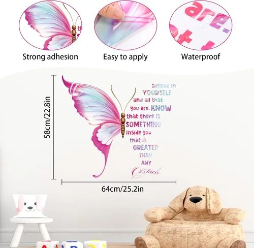 Miniatura 2 de Grandes calcomanías adhesivas de mariposas inspiradoras para pared, calcomanías de pared motivacional con frases positivas para pelar y pegar