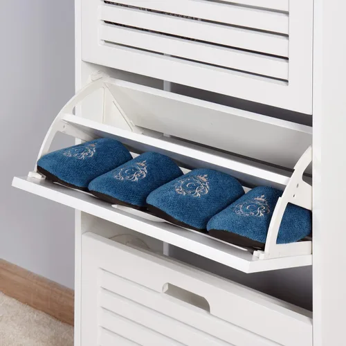 Miniatura 6 de Armario de madera para zapatos con 3 cajones abatibles, organizador de almacenamiento de zapatos independiente con puerta con listones y estante