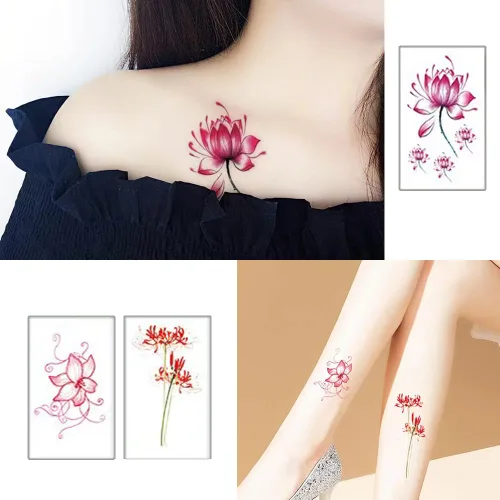 Miniatura 2 de 80 hojas de tatuajes temporales de flores, creativas, pequeñas flores rojas, rosas grandes, estilo mixto, cuerpo, brazo, pecho, cintura, cara
