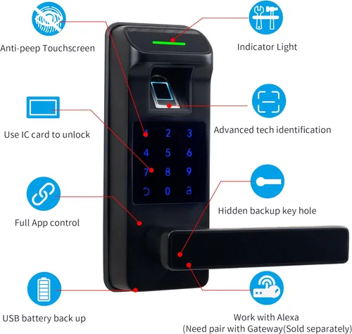 Miniatura 2 de Cerradura de Puerta con Huella Dactilar, Cerradura sin Llave de Pantalla Táctil con Teclado de Servicio Pesado con Control Total por APP con Manija