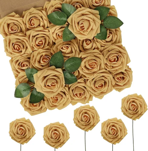 Miniatura 50 de N&T NIETING 25 unidades de flores artificiales, Rosas de espuma artificial de sensación real al tacto, decoración para boda, dama de honor, ramo