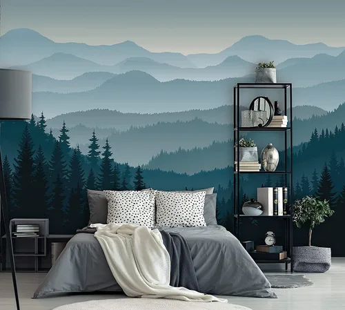 Miniatura 2 de Papel tapiz removible para despegar y pegar, mural de pared autoadhesivo, mural de montaña 3D, papel tapiz para guardería, pinos de montaña azul