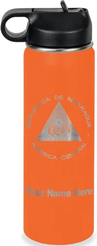 Miniatura 30 de LaserGram Botella de agua personalizada, bandera de Nicaragua, acero inoxidable de doble pared aislada al vacío con popote superior, regalo grabado