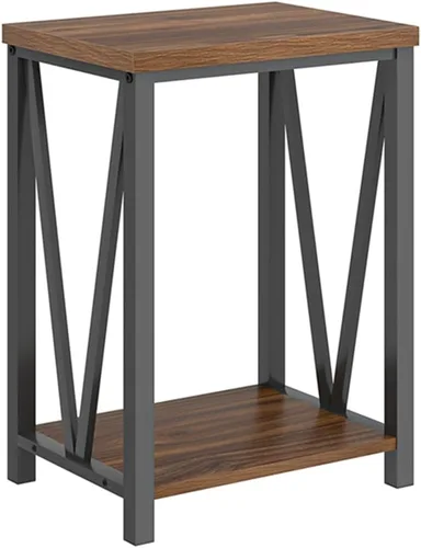 Miniatura 9 de FOLUBAN Mesa auxiliar pequeña, mesa auxiliar de madera rústica y metal con almacenamiento, moderna mesita de noche para sala de estar, dormitorio
