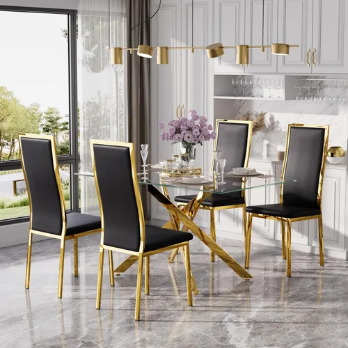 Miniatura 14 de Juego de mesa de comedor de cristal dorado moderno de 63 pulgadas para 6, juego de mesa de cocina rectangular de 7 piezas con patas de acero Negro