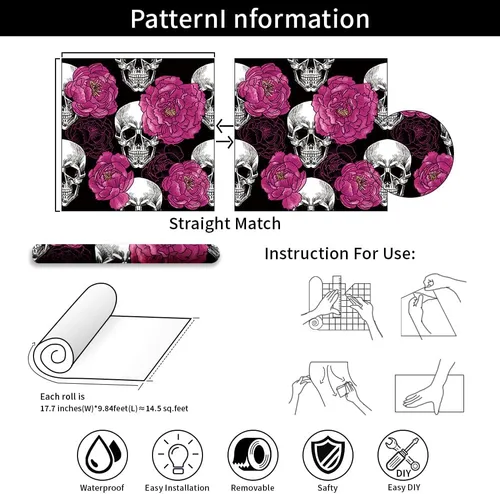 Miniatura 7 de Sugar Skull Penoy Papel Tapiz Floral de Despegar y Pegar para Dormitorio Negro/Blanco/Rojo Papel de Contacto Removible Decoraciones de Pared