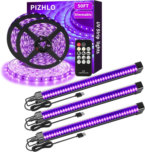 Tiras de luz negra de 50 pies y control remoto + 3 barras de luz negra, tira de luz negra USB de 12 W y 1 pie para fiesta brillante