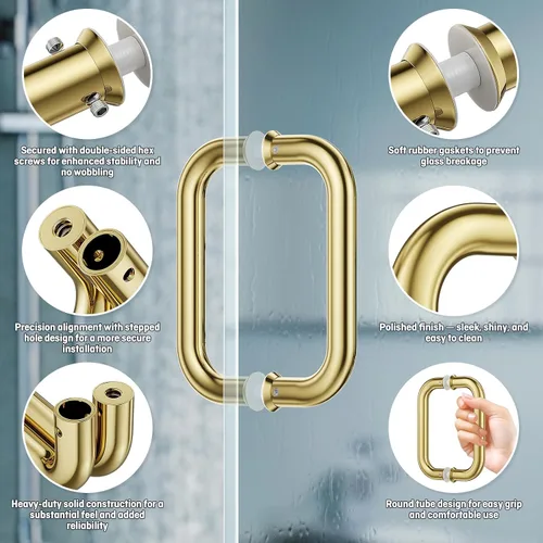Miniatura 3 de Ranbo Manija tubular de puerta de ducha de oro pulido de 6 pulgadas (CTC), acero inoxidable 304 de 1/4 a 1/2 pulgadas de grosor y puertas de madera