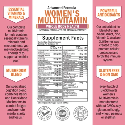 Miniatura 4 de Multivitamínico para mujeres con vitamina D3 - Multivitaminas para huesos, senos, piel, articulaciones y energía - Vitaminas para apoyo inmunitario